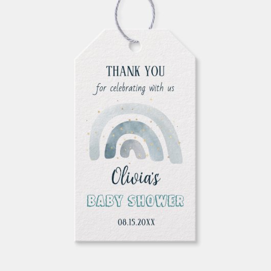 Waterverf Boho Blauwe Regenboog Baby Shower Cadeaulabel (Voorkant)