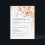 Waterverf Boho Bloem Pampas Gras Trouw Menu<br><div class="desc">Waterverf Boho Bloem Pampas Gras Trouw Diner Menu. Mooie roze botanische bloempatroon op de achterkant van de kaart. Deze trouwdinerkaart is perfect om op het trouwbord te plaatsen voor een boho-thema trouwdag.</div>