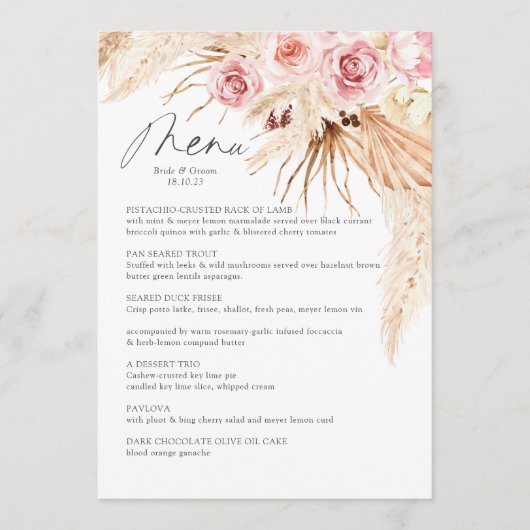 Waterverf Boho Bloem Pampas Gras Trouw Menu (Voorkant)