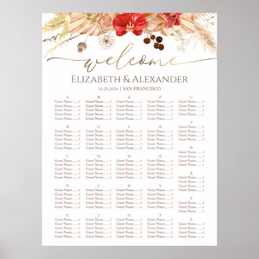 Waterverf Boho Bloemen Bruiloft Zitkaarten Poster (Voorkant)