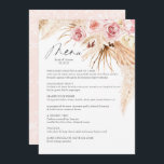 Waterverf Boho Bloemen Pampas Gras Bruiloft Menu<br><div class="desc">Waterverf Boho Bloemen Pampas Gras Bruiloft Diner Menu. Prachtig blush roze botanisch bloempatroon op de achterkant van de kaart. Deze bruiloft diner kaart is de perfecte keuze om te worden geplaatst op de top van bruiloft bord voor boho thema bruiloft.</div>