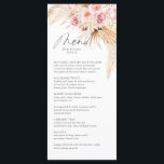 Waterverf Boho Bloemen Pampas Gras Trouwdiner Menu<br><div class="desc">Waterverf Boho Bloemen Pampas Gras Bruiloft Diner Menu. Prachtig blush roze botanisch bloempatroon op de achterkant van de kaart. Deze bruiloft diner kaart is de perfecte keuze om te worden geplaatst op de top van bruiloft bord voor boho thema bruiloft.</div>