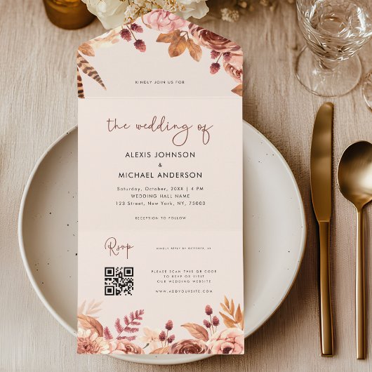 Waterverf Boho Bloemige Herfst QR-code Website All In One Uitnodiging