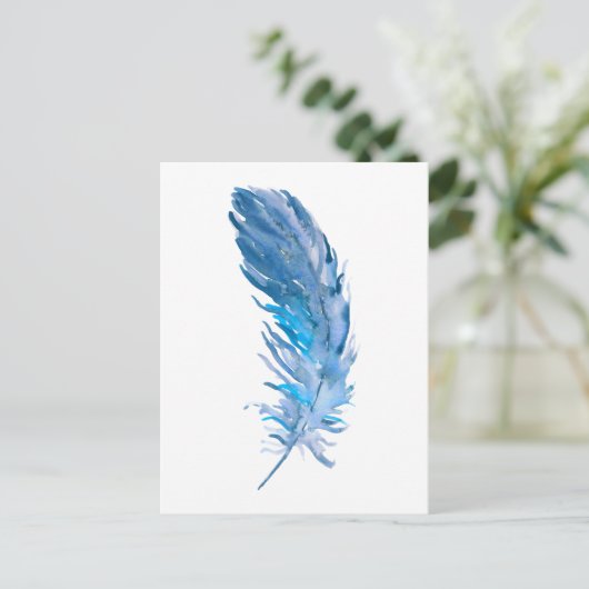 Waterverf Boho Blue Feather Briefkaart (Staand voorkant)