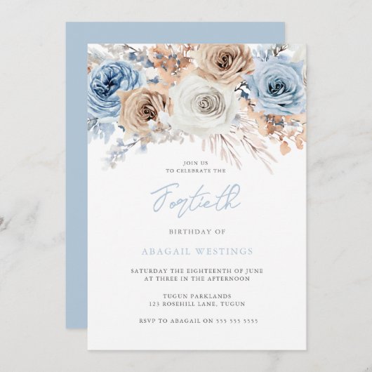 Waterverf Boho Blue Floral 40th Birthday Kaart (Voorkant / Achterkant)