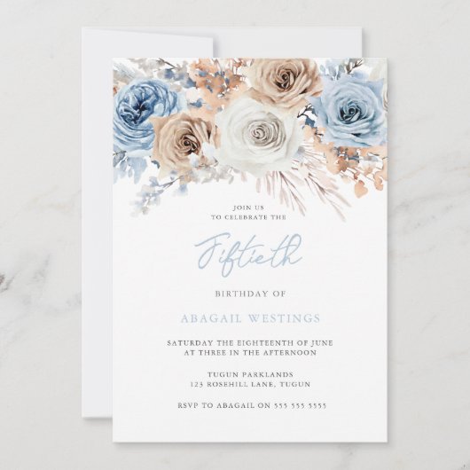 Waterverf Boho Blue Floral 50th Birthday Kaart (Voorkant)