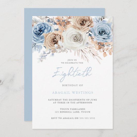 Waterverf Boho Blue Floral 80th Birthday Party Kaart (Voorkant / Achterkant)