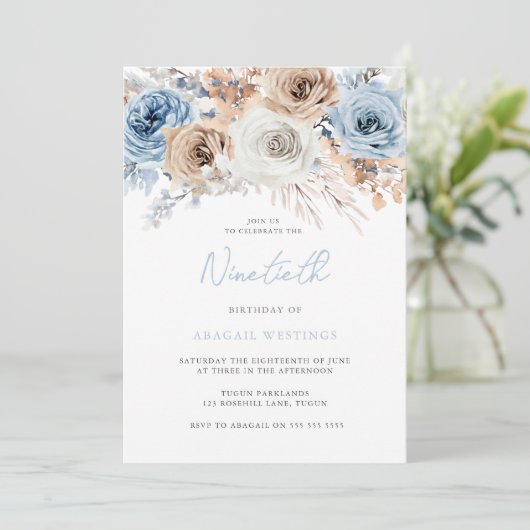 Waterverf Boho Blue Floral 90th Birthday Party Kaart (Staand voorkant)