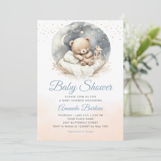 Waterverf Boho Blue teddybeer boy baby shower Kaart (Staand voorkant)