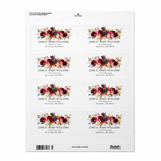 Waterverf Boho Blush, Burgundy Flowers Etiket (Full Sheet)