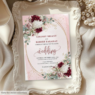 Waterverf Boho Bourgondië Bloemen Huwelijksuitnodi Kaart