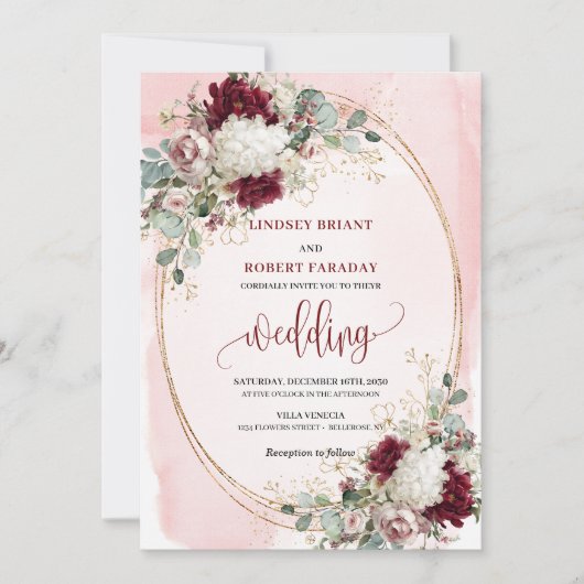 Waterverf Boho Bourgondië Bloemen Huwelijksuitnodi Kaart (Voorkant)
