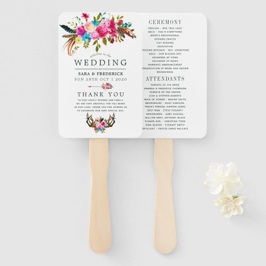 Waterverf Boho Chic Bloem Bruiloftsprogramma Handwaaier (Voorkant en achterkant)