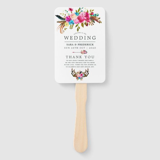 Waterverf Boho Chic Bloem Bruiloftsprogramma Handwaaier (Voorkant)