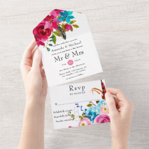 Waterverf Boho Chic Bloemen Bruiloft All In One Uitnodiging