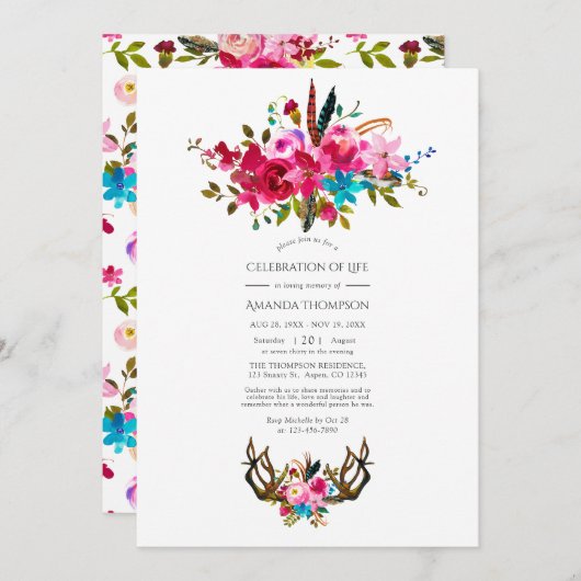 Waterverf Boho Chic Floral Celebration of Life Kaart (Voorkant / Achterkant)