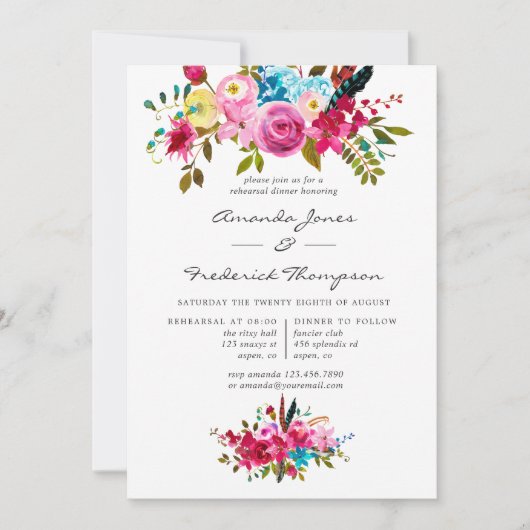 Waterverf Boho Chic Floral repesal Dinner Kaart (Voorkant)