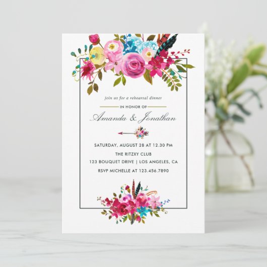 Waterverf Boho Chic Floral repesal Dinner Kaart (Staand voorkant)