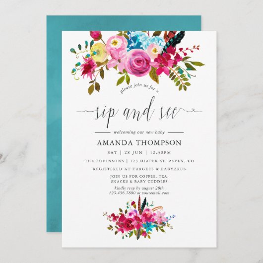 Waterverf Boho Chic Floral Sip en Zie Kaart (Voorkant / Achterkant)