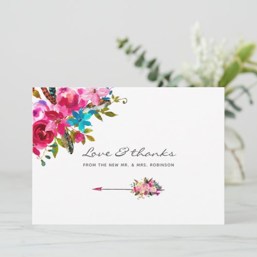 Waterverf Boho Chic Floral Wedding Bedankkaart (Staand voorkant)