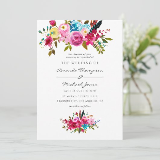 Waterverf Boho Chic Floral Wedding Kaart (Staand voorkant)