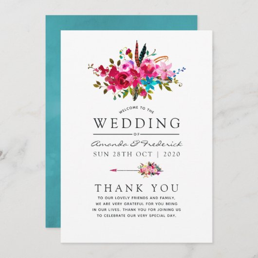 Waterverf Boho Chic Floral Wedding Programmakaart (Voorkant / Achterkant)