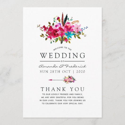Waterverf Boho Chic Floral Wedding Programmakaart (Voorkant)