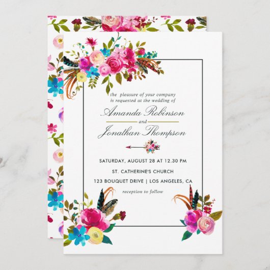 Waterverf Boho Chic Floral Wedding-uitnodiging Kaart (Voorkant / Achterkant)