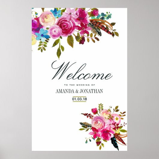 Waterverf Boho Chic Floral Wedding Welkom Poster (Voorkant)