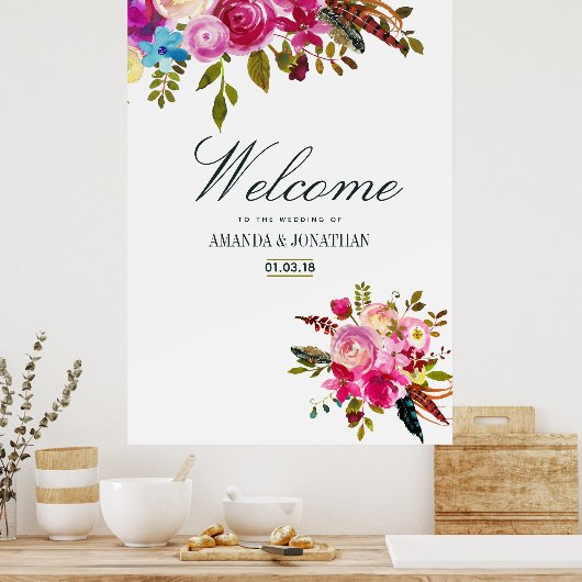 Waterverf Boho Chic Floral Wedding Welkom Poster (Keuken)