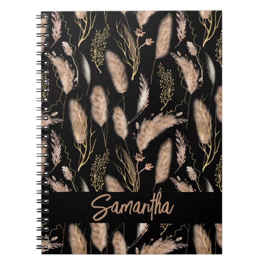 Waterverf Boho Chic Pampas Grass Pattern Black Notitieboek (Voorkant)
