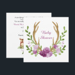 Waterverf Boho Chic Purple Flowers Baby shower Kaart<br><div class="desc">Waterverf boho chique babyshower uitnodigingen met paarse bloemetjes en gewei aan de voorkant en baby bosdieren en bloemetjes aan de achterkant. Personaliseer met uw eigen informatie.</div>