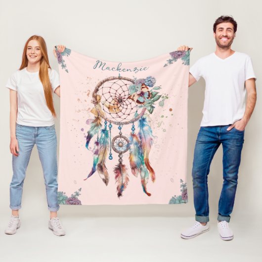 Waterverf Boho Dreamcatcher gepersonaliseerde naam Fleece Deken (In situ)