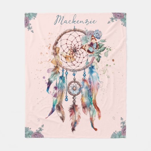 Waterverf Boho Dreamcatcher gepersonaliseerde naam Fleece Deken (Voorkant)