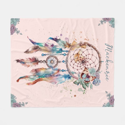Waterverf Boho Dreamcatcher gepersonaliseerde naam Fleece Deken (Voorkant (Horizontaal))