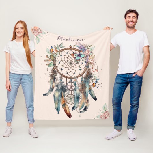 Waterverf Boho Dreamcatcher gepersonaliseerde naam Fleece Deken (In situ)