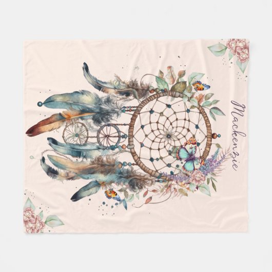 Waterverf Boho Dreamcatcher gepersonaliseerde naam Fleece Deken (Voorkant (Horizontaal))