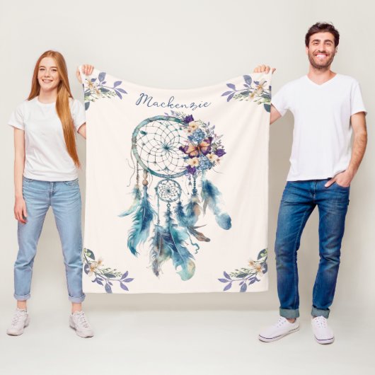 Waterverf Boho Dreamcatcher gepersonaliseerde naam Fleece Deken (In situ)