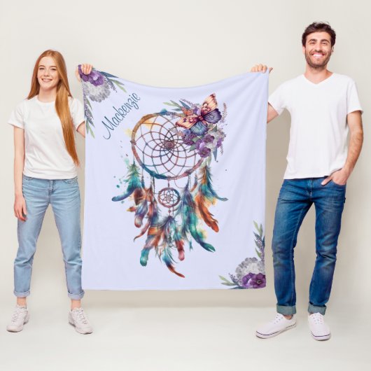 Waterverf Boho Dreamcatcher gepersonaliseerde naam Fleece Deken (In situ)