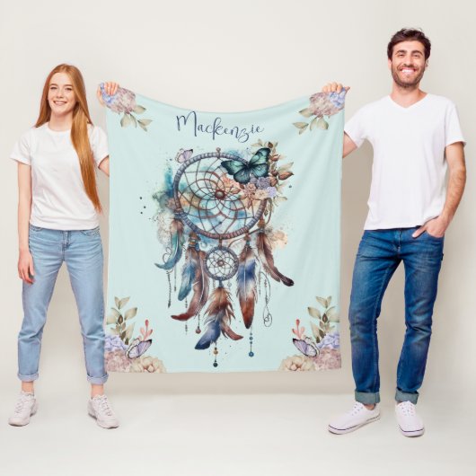 Waterverf Boho Dreamcatcher gepersonaliseerde naam Fleece Deken (In situ)