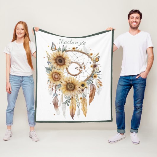 Waterverf Boho Dreamcatcher gepersonaliseerde naam Fleece Deken (In situ)