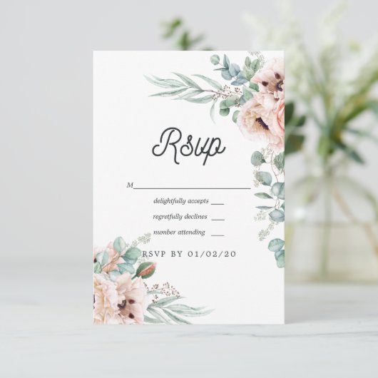 Waterverf Boho Eucalyptus Poppy Wedding RSVP Kaartje (Staand voorkant)