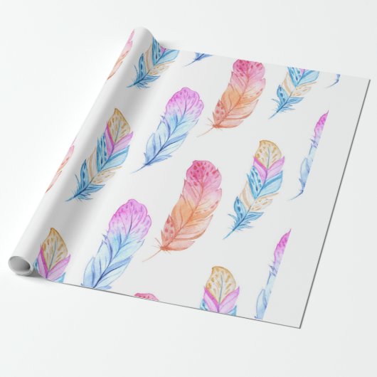 Waterverf Boho Feather Print 3 Cadeaupapier (Uitgerold)