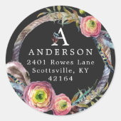 Waterverf Boho Feather Wreater Monogram Adres Ronde Sticker (Voorkant)