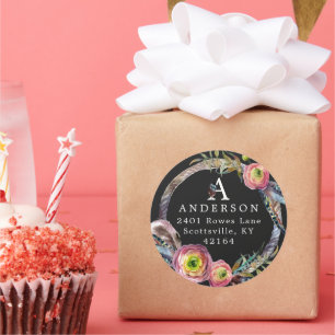 Waterverf Boho Feather Wreater Monogram Adres Ronde Sticker