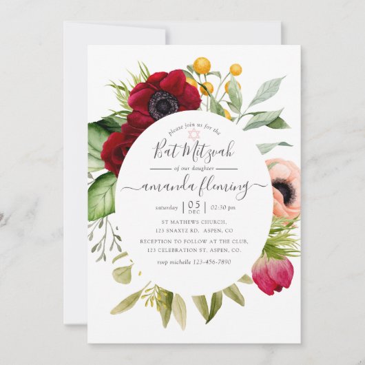 Waterverf Boho Floral Bat Mitzvah Kaart (Voorkant)