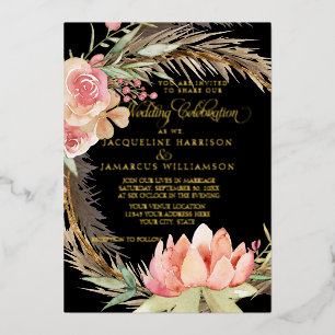 Waterverf Boho Floral Black Pampas Gold Folie Uitnodiging