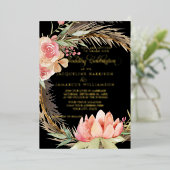 Waterverf Boho Floral Black Pampas Gold Folie Uitnodiging (Staand Voorkant)