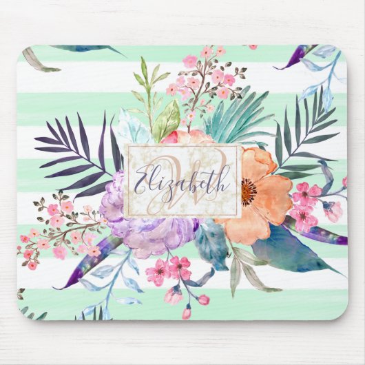 Waterverf Boho floral, bladeren, strepen handverf Muismat (Voorkant)