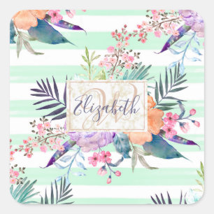 Waterverf Boho floral, bladeren, strepen handverf Vierkante Sticker